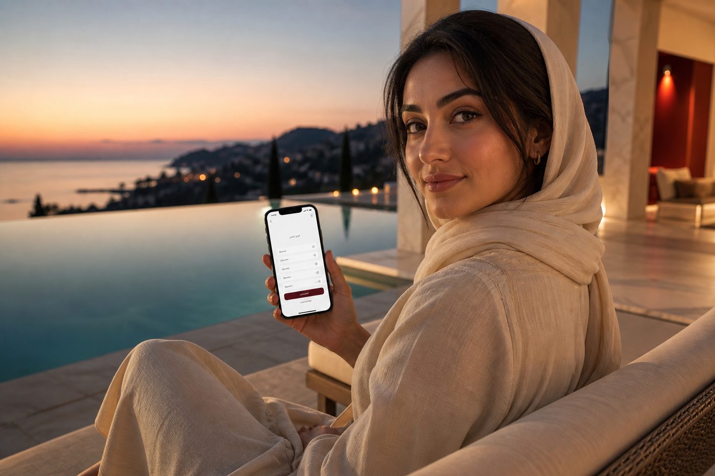زن جوان کنار استخر در حال مشاهده صفحه ثبت‌نام روی گوشی